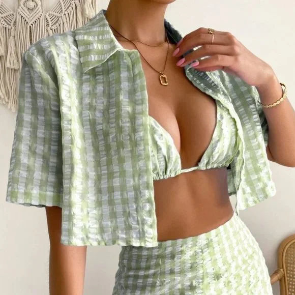 GREEN 3 PIECE GINGHAM SUMMER SET STREETWEAR BEACHY VACAY - Picture 5 of 7